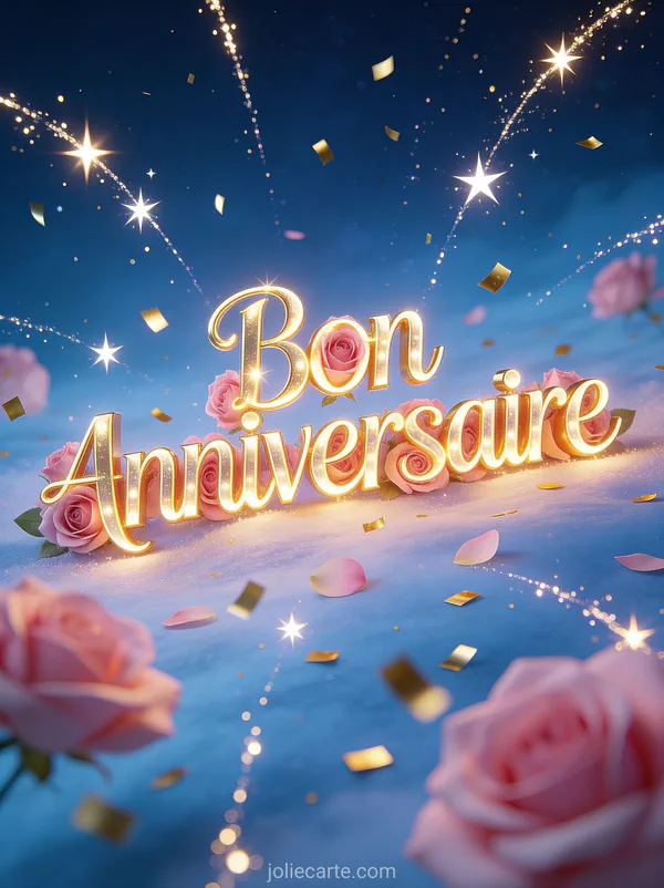 Lettres lumineuses dorées et roses Bon anniversaire avec étoiles filantes et confettis dorés sur fond bleu nuit et rose