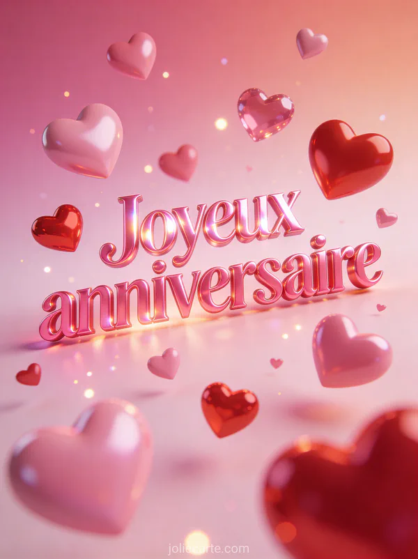 Coeurs roses et rouges lumineux de différentes tailles flottant et brillant sur fond rose dégradé avec particules de lumière