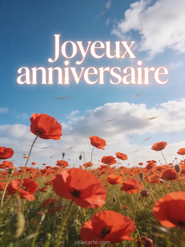 Champ de coquelicots rouges sous ciel bleu avec nuages blancs et vent léger, texte Joyeux anniversaire en lettres blanches