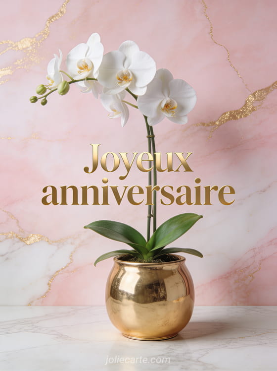 Orchidée blanche dans pot en céramique dorée sur fond marbré rose et blanc avec touches dorées