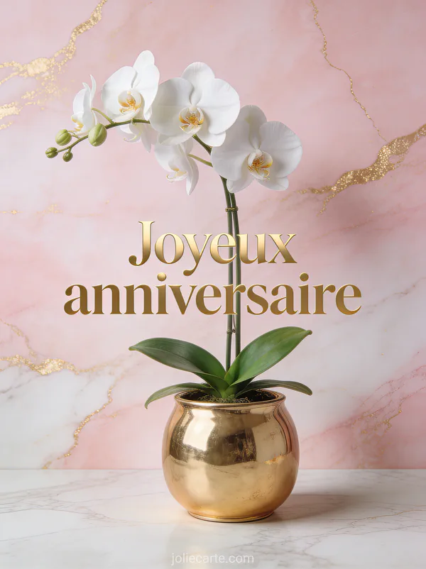 Orchidée blanche dans pot en céramique dorée sur fond marbré rose et blanc avec touches dorées