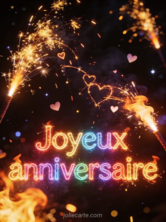 Feux de Bengale dorés qui crépitent dans l'obscurité avec étincelles dessinant des coeurs et lettres lumineuses multicolores