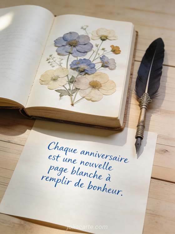 Carnet ouvert avec fleurs pressées entre les pages et plume d'écriture ancienne sur bureau en bois, texte bleu encre