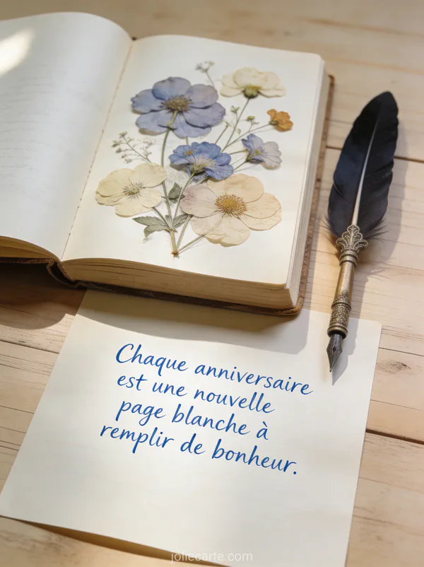 Carnet ouvert avec fleurs pressées entre les pages et plume d'écriture ancienne sur bureau en bois, texte bleu encre