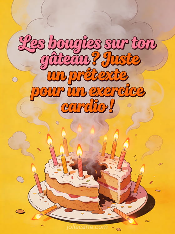 Gâteau croulant sous les bougies allumées avec de la fumée partout, texte fantaisiste rose et orange sur fond jaune vif