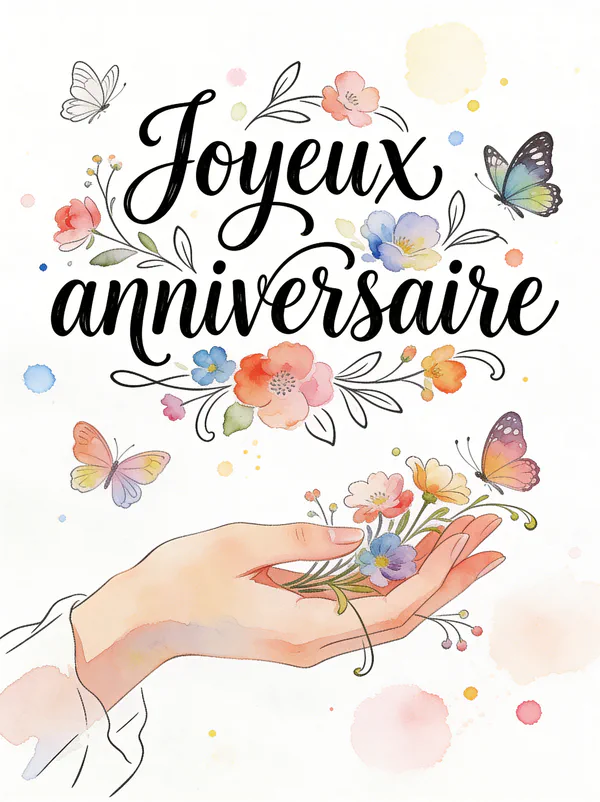 Dessin au trait fin de fleurs et papillons avec touches d'aquarelle colorées sur fond blanc, texte manuscrit avec fioritures