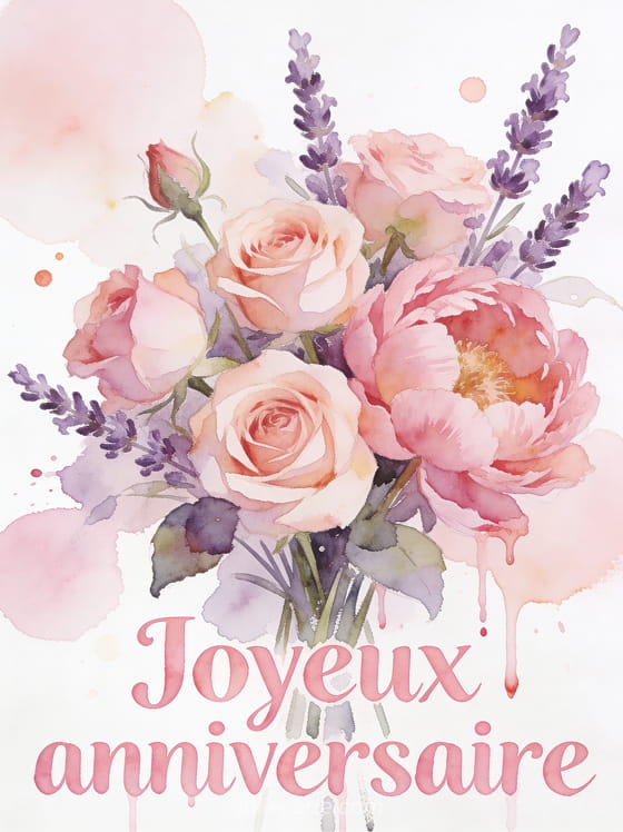 Bouquet de fleurs peint à l'aquarelle avec coulées de peinture, roses pivoines et lavande en tons pastel sur fond blanc