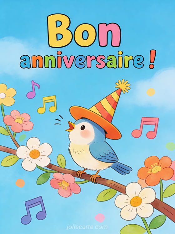 Petit oiseau avec chapeau de fête trop grand chantant sur branche fleurie avec notes de musique colorées sur fond bleu ciel