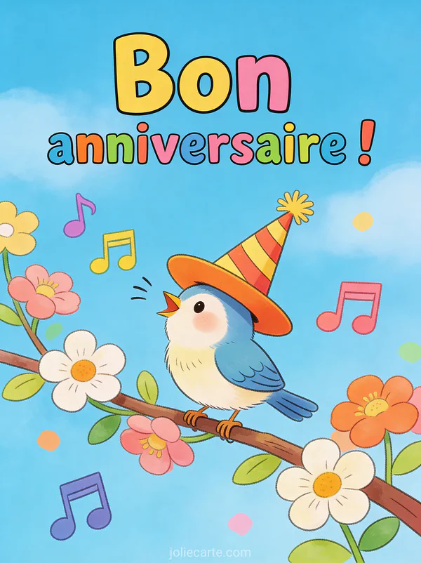Petit oiseau avec chapeau de fête trop grand chantant sur branche fleurie avec notes de musique colorées sur fond bleu ciel