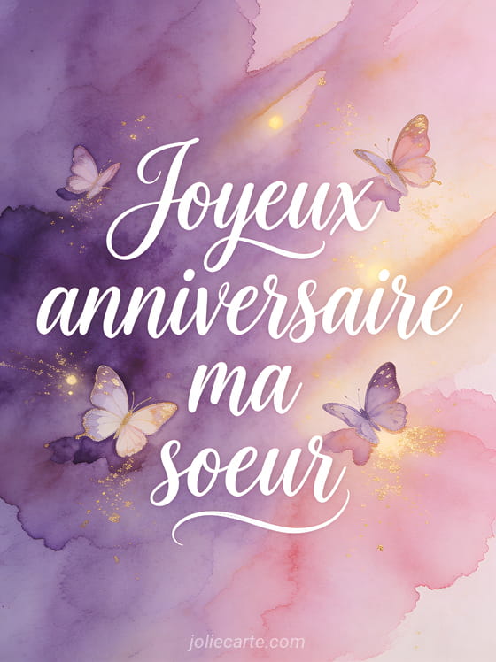 Texte Joyeux anniversaire ma soeur en lettres blanches cursives sur fond aquarelle violet et rose avec des papillons délicats et des touches de lumière dorée