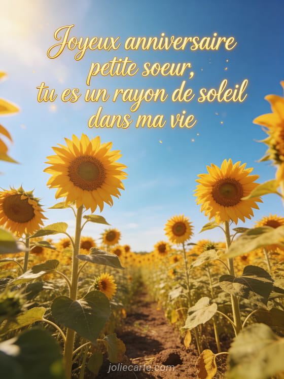Texte Joyeux anniversaire petite soeur tu es un rayon de soleil en lettres manuscrites couleur miel sur un champ de tournesols sous un ciel bleu lumineux