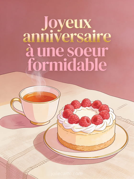 Texte Joyeux anniversaire à une soeur formidable en lettres rose poudré avec effet doré près d’une tasse de thé et d’un petit gâteau aux framboises sur nappe en lin