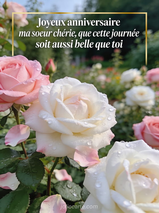 Texte Joyeux anniversaire ma soeur chérie en lettres blanches avec liseré doré dans un jardin de roses anglaises en pleine floraison avec rosée du matin