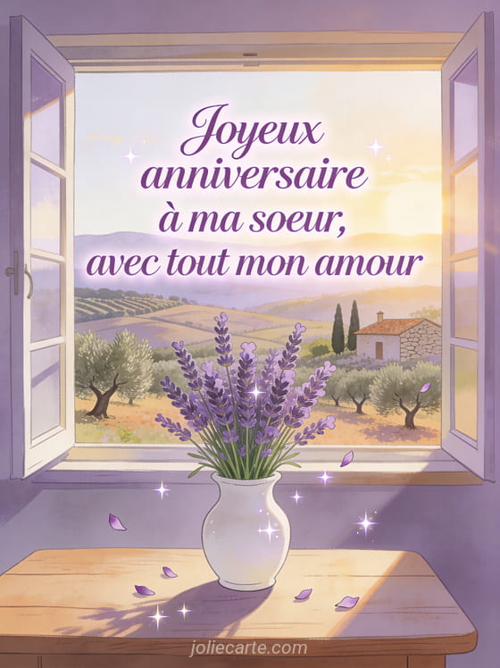 Texte Joyeux anniversaire à ma soeur en lettres lilas élégantes avec un bouquet de lavande dans un vase en céramique blanche devant une fenêtre sur la campagne provençale