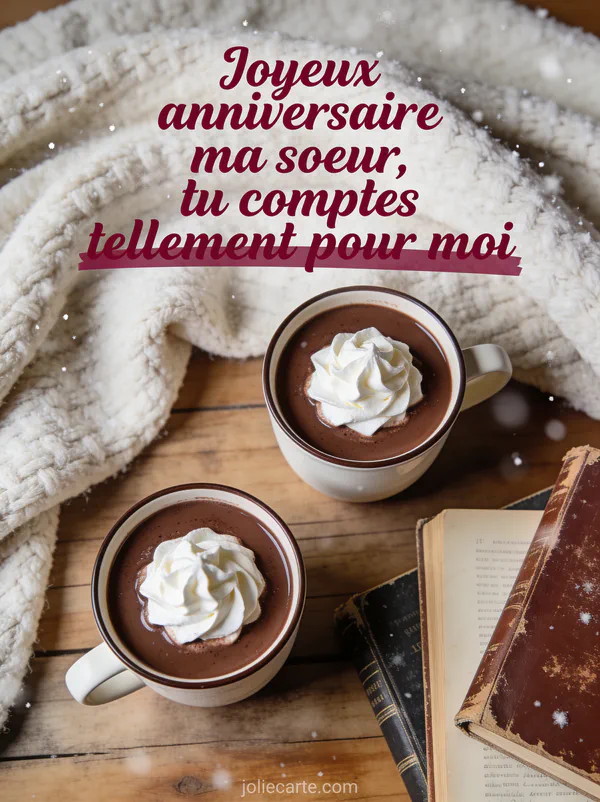 Texte Joyeux anniversaire ma soeur en lettres manuscrites bordeaux avec deux tasses de chocolat chaud à la crème fouettée un plaid en laine et des livres anciens