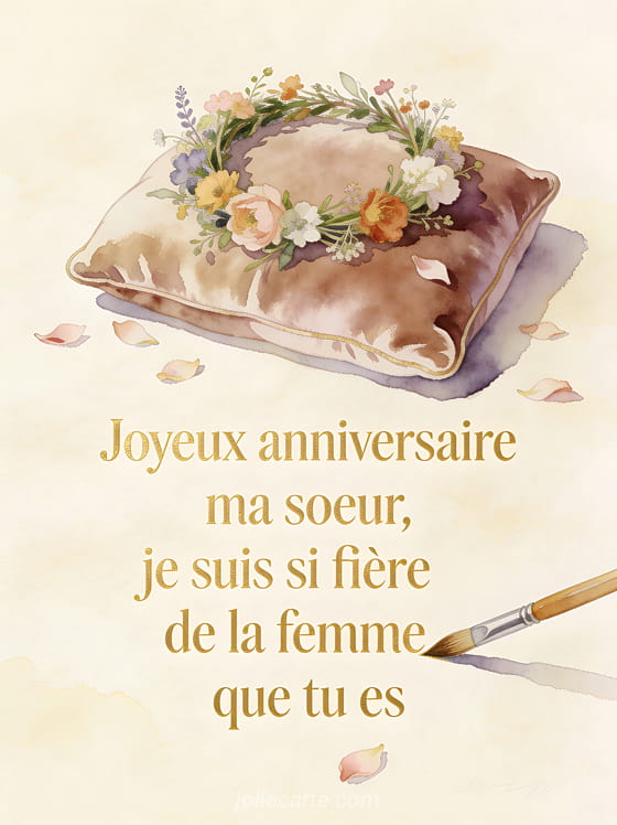 Texte Joyeux anniversaire ma soeur en lettres dorées sur fond crème avec une couronne de fleurs sauvages sur un coussin en velours et des pétales dispersés en aquarelle pastel