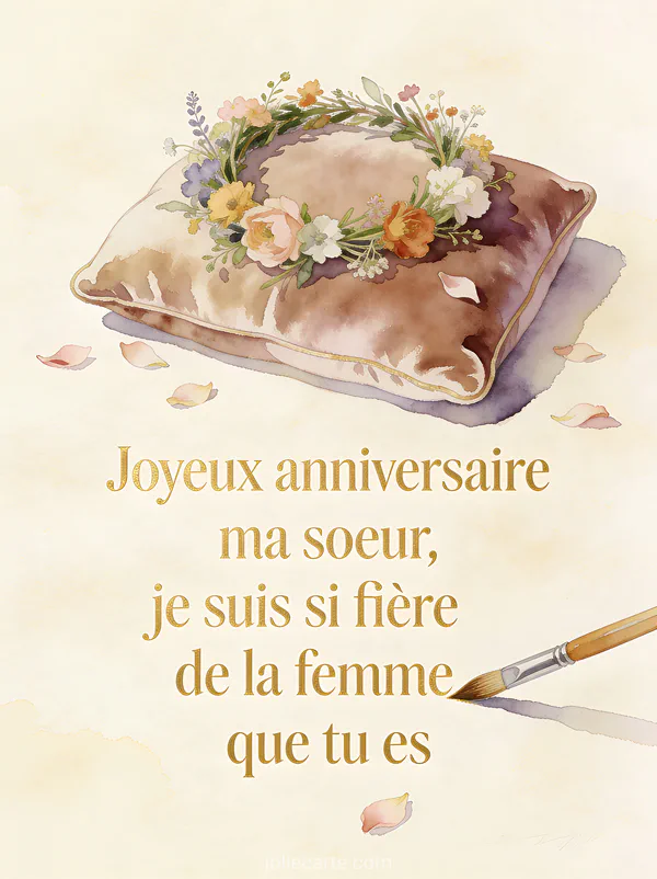 Texte Joyeux anniversaire ma soeur en lettres dorées sur fond crème avec une couronne de fleurs sauvages sur un coussin en velours et des pétales dispersés en aquarelle pastel