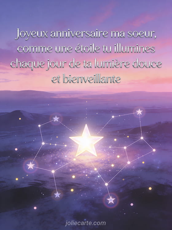 Texte poétique Joyeux anniversaire ma soeur en lettres argentées fines sur un ciel crépusculaire violet et rose avec une étoile brillante et des constellations scintillantes