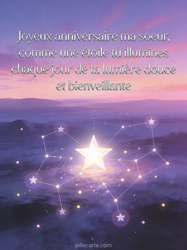 Texte poétique Joyeux anniversaire ma soeur en lettres argentées fines sur un ciel crépusculaire violet et rose avec une étoile brillante et des constellations scintillantes