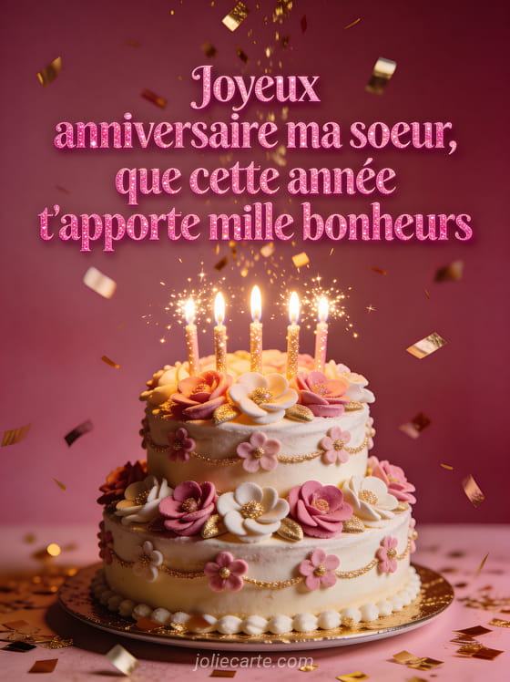 Texte Joyeux anniversaire ma soeur en lettres rose fuchsia glitter avec un gâteau d’anniversaire à étages décoré de fleurs en sucre et des confettis dorés