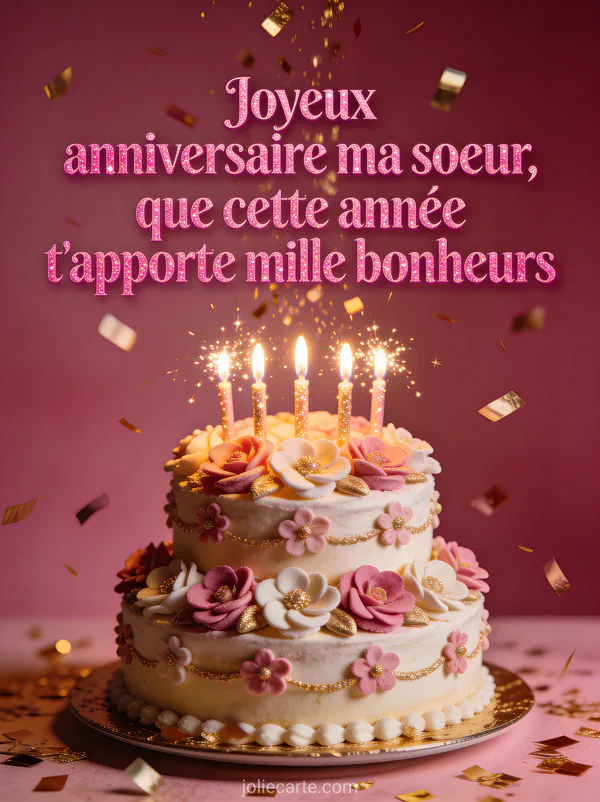 Texte Joyeux anniversaire ma soeur en lettres rose fuchsia glitter avec un gâteau d’anniversaire à étages décoré de fleurs en sucre et des confettis dorés