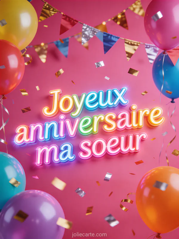 Texte Joyeux anniversaire ma soeur en lettres colorées vibrantes avec des ballons multicolores des guirlandes et une pluie de confettis dorés sur fond rose vif