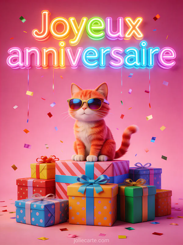 Chat roux avec des lunettes de soleil assis sur une pile de cadeaux colorés avec confettis et le texte Joyeux anniversaire en néon