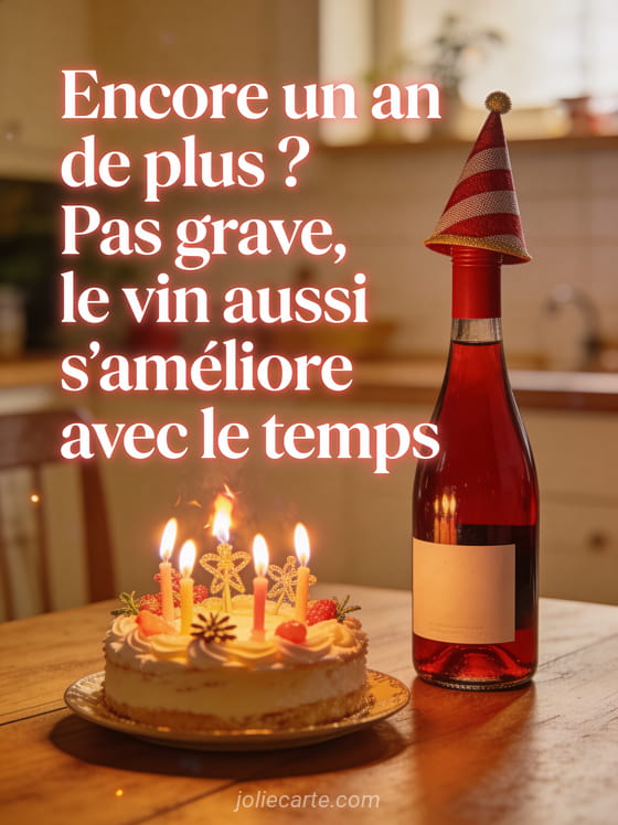 Bouteille de vin rouge avec un chapeau de fête à côté d'un gâteau dont les bougies ont mis le feu aux décorations avec le texte Encore un an de plus
