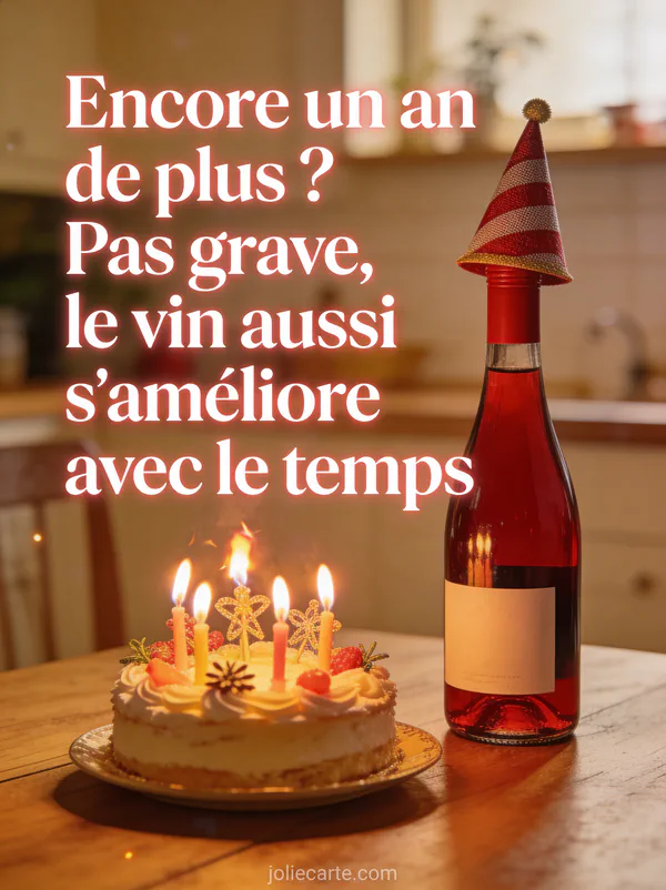 Bouteille de vin rouge avec un chapeau de fête à côté d'un gâteau dont les bougies ont mis le feu aux décorations avec le texte Encore un an de plus