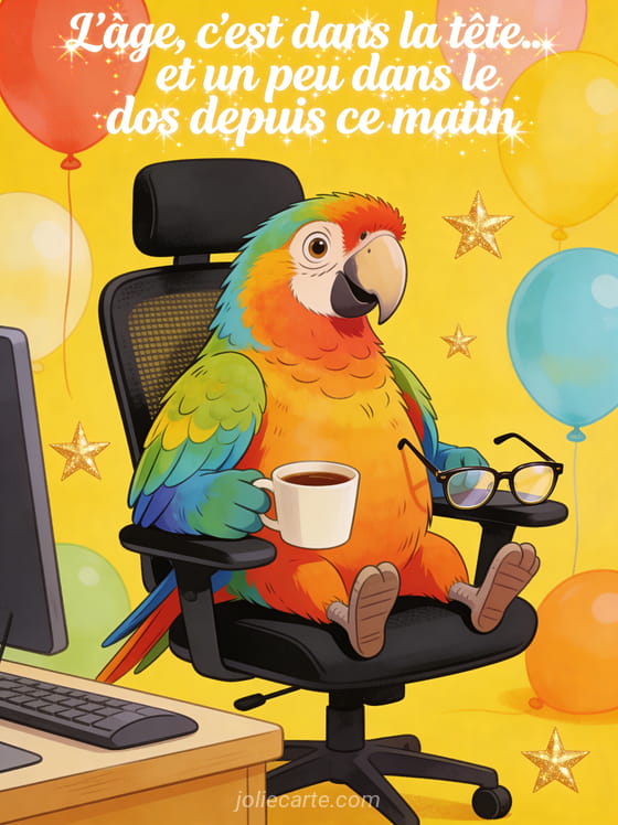 Perroquet multicolore assis dans un fauteuil de bureau avec une tasse de café et des lunettes de lecture sur fond jaune avec ballons et étoiles dorées