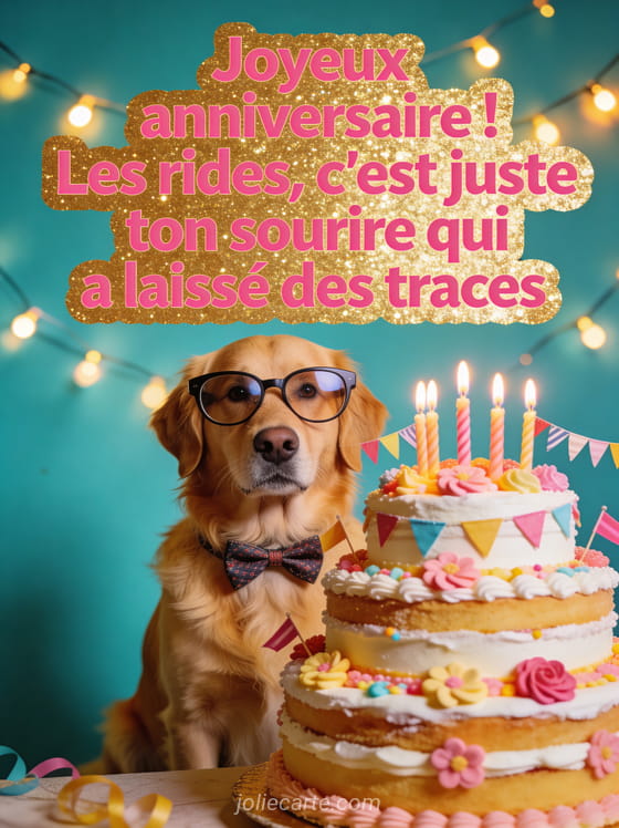 Chien golden retriever avec noeud papillon et lunettes surdimensionnées devant un énorme gâteau à étages sur fond turquoise avec guirlandes lumineuses