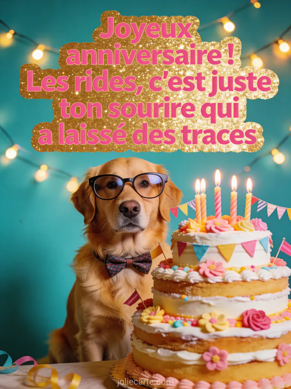 Chien golden retriever avec noeud papillon et lunettes surdimensionnées devant un énorme gâteau à étages sur fond turquoise avec guirlandes lumineuses