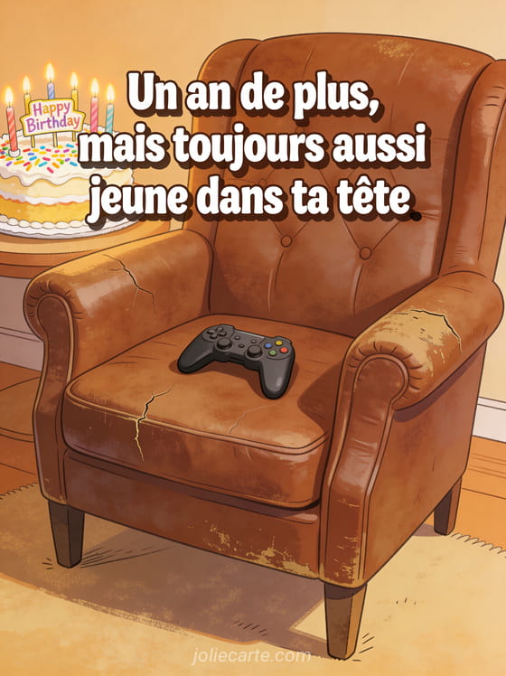 Vieux fauteuil en cuir avec une manette de jeu vidéo et un gâteau d'anniversaire avec le texte Un an de plus mais toujours aussi jeune dans ta tête