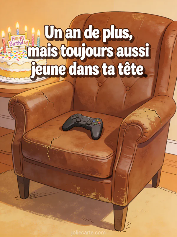 Vieux fauteuil en cuir avec une manette de jeu vidéo et un gâteau d'anniversaire avec le texte Un an de plus mais toujours aussi jeune dans ta tête