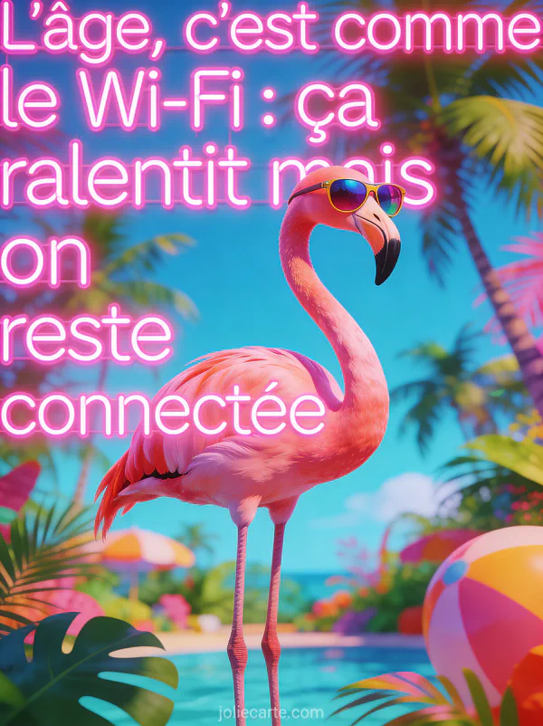 Flamant rose portant des lunettes de soleil surdimensionnées sur fond tropical coloré avec le texte L'âge c'est comme le Wi-Fi