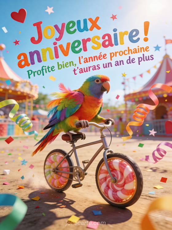 Perroquet sur un vélo miniature pédalant à travers des confettis et serpentins avec le texte Joyeux anniversaire