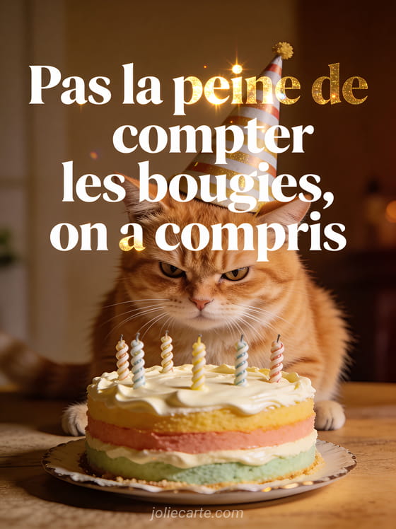 Chat roux assis devant un gâteau d'anniversaire avec une expression agacée et un chapeau de fête de travers
