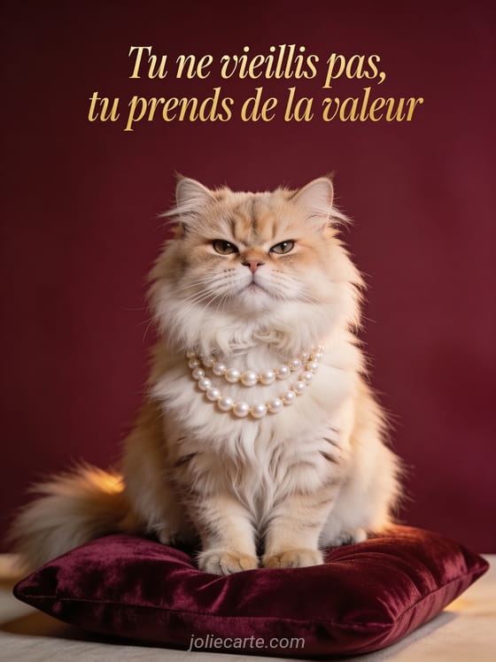 Chatte persane avec un collier de perles et une expression hautaine assise sur un coussin de velours