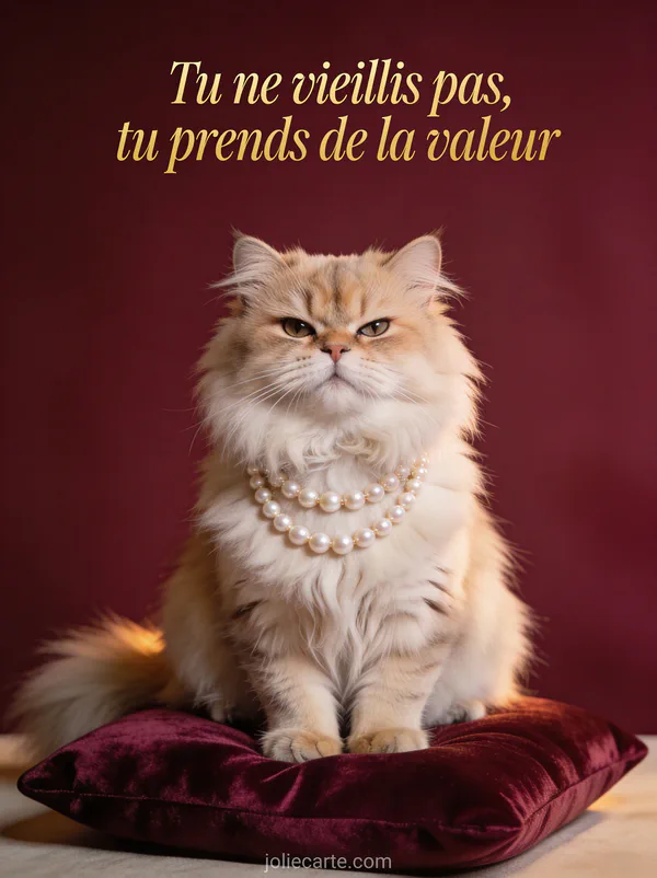 Chatte persane avec un collier de perles et une expression hautaine assise sur un coussin de velours