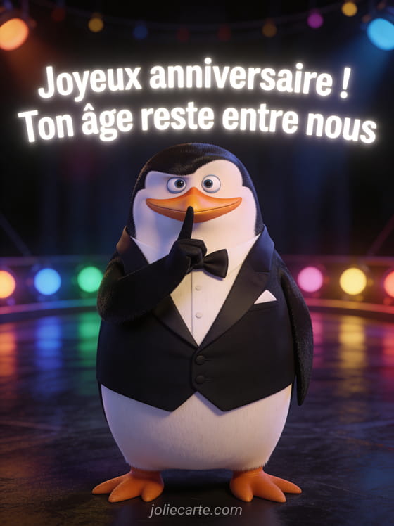 Pingouin en smoking tenant un doigt devant son bec en signe de silence sur fond de cabaret en rendu 3D