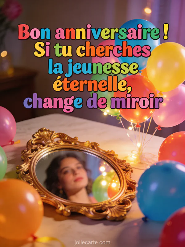 Miroir doré orné posé sur une table avec un reflet flou et un bouquet de ballons colorés autour