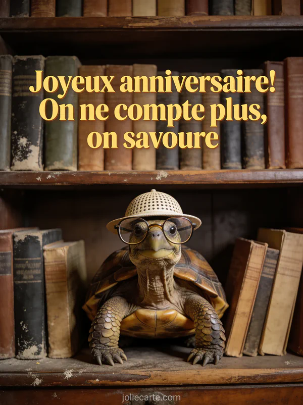 Tortue portant des lunettes de lecture et un chapeau melon sur fond de bibliothèque ancienne en rendu photoéraliste