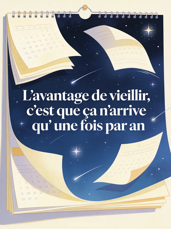 Calendrier mural dont les pages s'envolent dans le vent sur fond bleu nuit étoilé avec ambiance poétique