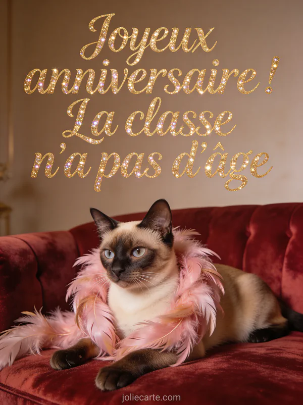 Chat siamois élégant portant un boa en plumes roses sur un canapé de velours rouge en rendu photoéraliste