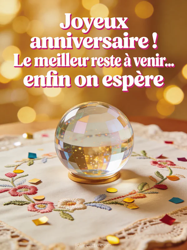 Boule de cristal posée sur une nappe brodée avec des confettis et un fond flou avec bokeh doré