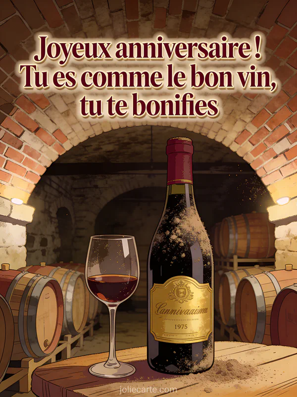 Bouteille de vin millésimée couverte de poussière avec étiquette dorée et un verre dans une cave voûtée