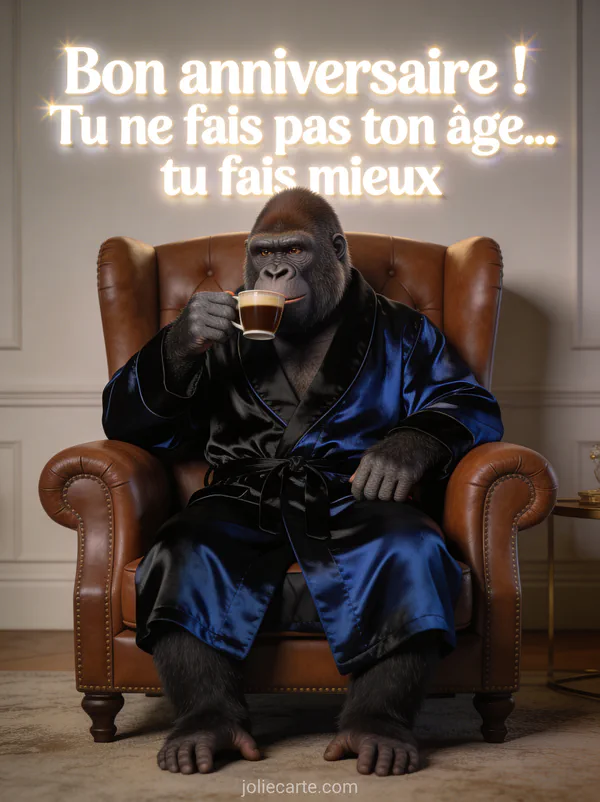 Gorille en robe de chambre en soie buvant un café dans un fauteuil chesterfield en rendu 3D réaliste