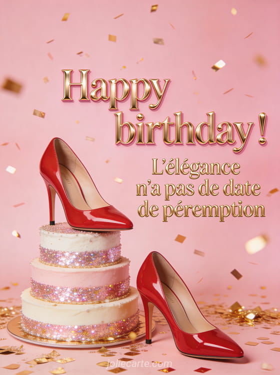 Chaussures à talons rouges posées sur un gâteau à étages décoré de paillettes sur fond rose poudré avec confettis dorés