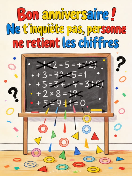 Tableau d'écolier avec des calculs barrés et des points d'interrogation avec des confettis qui tombent