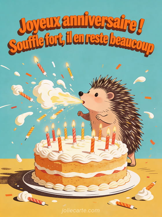 Hérisson soufflant sur un énorme gâteau dont les bougies et la crème s'envolent en illustration stylisée